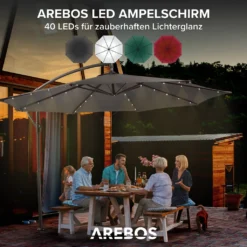AREBOS Sonnenschirm Mit LED, Gartenschirm, Terrassenschirm, Balkonschirm, Ampelschirm Mit Kurbel, Aufklappbar, Anthrazit -Deutschland Garten Zier Verkaufs-Shop a97563d6cf173358201fd75432d2b2bd