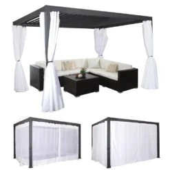 Pergola HWC-J32, Garten Lamellen-Pavillon, 11cm-Alu-Gestell 4x3m Dunkelgrau Mit Seitenwand + Moskitonetz Weiß