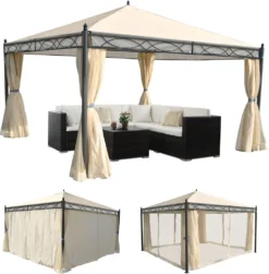Pergola Calpe, Garten Pavillon, Stabiles 7cm-Gestell Mit Seitenwand + Moskitonetz Creme 4x4m