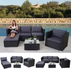Poly-Rattan-Garnitur Brescia, Gartengarnitur Sitzgruppe Sofa Lounge-Set Schwarz, Kissen Anthrazit