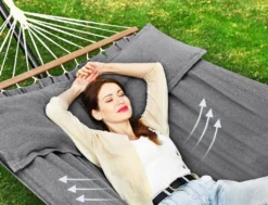 SONGMICS Hängematte, 210 X 150 Cm, Mit 2 Kissen, Bis Zu 300 Kg Belastbar, Mit 2 Holzstangen, Outdoor, Grau GDC022G01 -Deutschland Garten Zier Verkaufs-Shop b85f4378b2366ae41cd917e5d3230502