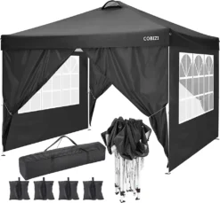COBIZI Pavillon 3x3m Pop Up Faltpavillon Mit 4 Seitenwänden, Oben Mit Belüftungsloch, Wasserdicht, UV-Schutz 50+ Gartenzelt Partyzelt, Inkl .Tasche, 4 Sandsack, Schwarz