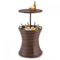 Blumfeldt Beerboy - Gartentisch , Stehtisch , Beistelltisch , Getränkekühler , Höhenverstellbare Tischplatte , 50cm Durchmesser , Polyrattan , Für Garten, Balkon Oder Terrasse , Wetterfest , Braun