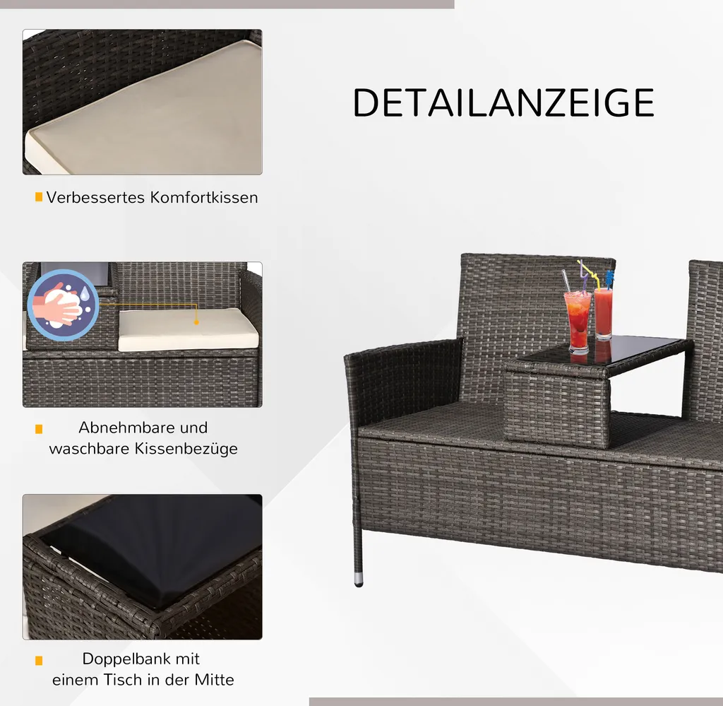Outsunny Polyrattan Gartenbank Gartensofa Sitzbank Mit Tisch 2-Sitzer Stahl Grau B133 X T63 X H84cm 5 Outsunny Polyrattan Gartenbank Gartensofa Sitzbank Mit Tisch 2-Sitzer Stahl Grau B133 X T63 X H84cm – Bild 5