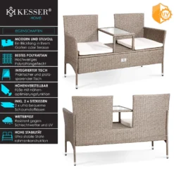 KESSER® Polyrattan Gartenbank 2-Sitzer Bank Mit Integriertem Inkl. Tisch & Kissen - 133 × 63 × 84 Cm - Rattan Sitzbank Garten Balkon Gartensofa Wetterfest Sitzgruppe Ultra Stabile, Farbe:Grau -Deutschland Garten Zier Verkaufs-Shop c3345fd56cd2f8cdb87c49eb420021c9