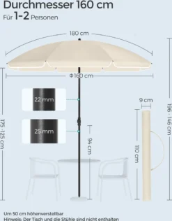 SONGMICS Sonnenschirm 160 Cm, Sonnenschutz UPF 50+, Beidseitig Um 30° Knickbar, Höhenverstellbar, Mit Tragetasche, Ohne Ständer, Beige GPU60WTV1 -Deutschland Garten Zier Verkaufs-Shop c60899091a385cf334b933ca7f350f6f