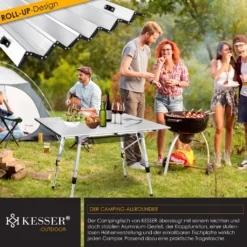 KESSER® Campingtisch Faltbar Klapptisch Camping Tisch Mit Aluminiumrahmen Aufrollbare Tischplatte Falttisch Klappbar Mit Höhenverstellung Inkl. Tragetasche Mit Trageband 90 X 53cm - Bis 30 Kg, Farbe:Silber (120 X 70cm) -Deutschland Garten Zier Verkaufs-Shop c90b7a0a6bd709256ed4473e68d22e21