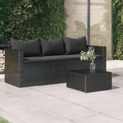 VidaXL 3-Sitzer-Gartensofa Mit Kissen Schwarz Poly Rattan