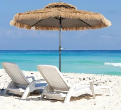 COSTWAY Sonnenschirm Hawaii, Terrassenschirm Mit Doppeldach, Stroh Strandschirm Marktschirm Neigbar Gartenschirm Für Strand, Garten, Outdoor