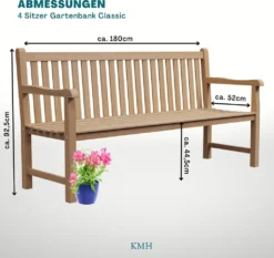 KMH®TEAK Gartenbank 4-Sitzer *Classic* B 180 X H 92,5 X T 52 Cm, Teakholz -Deutschland Garten Zier Verkaufs-Shop dba084d3a8ac1cdbd3615afd9f14d534