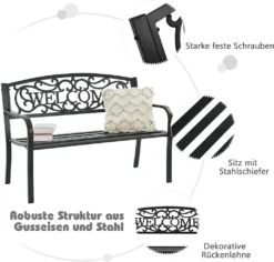 COSTWAY Gartenbank Parkbank Mit Welcome, 3 Sitzer Metallbank Gusseisen, Eisenbank Stahlrahmen, Sitzbank Belastbar Bis 320kg, Ruhebank Mit Rückenlehnen (Welcome-Schwarz) -Deutschland Garten Zier Verkaufs-Shop e1d907c6ddf8c6e6e36090d8a2ce6304