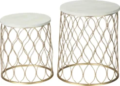 Outsunny 2er-Set Gartentisch Beistelltische Couchtische Retro Drahtkorb Metallkorb Garten Satztisch Gartenmöbel Outdoor Balkon Stahl Gold + Weiß Ø41 X 46 Cm