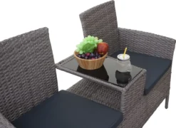 Poly-Rattan Sitzbank Mit Tisch MCW-E24, Gartenbank Sitzgruppe Gartensofa, 132cm Grau, Kissen Dunkelgrau -Deutschland Garten Zier Verkaufs-Shop f17ff792b6b9553570f9d9a4ce17355c
